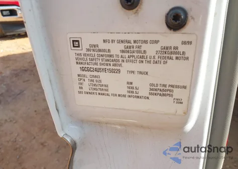 2000 Chevrolet Silverado 2500 Ls z USA, uszkodzony, nr VIN 1GCGC24U5YE150229